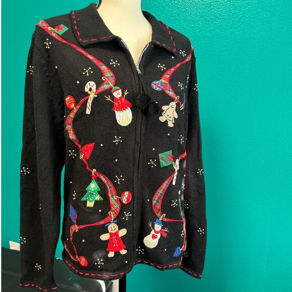 Erika Vintage Black Zip Christmas Gingerbread Snowman Knit Sweater Medium - Picture 9 of 13